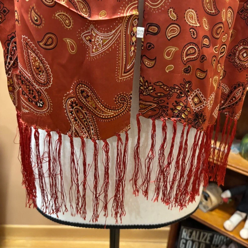 100% Silk‎ Scarf Rust Paisley Fringe Burnout Lightweight Accessory